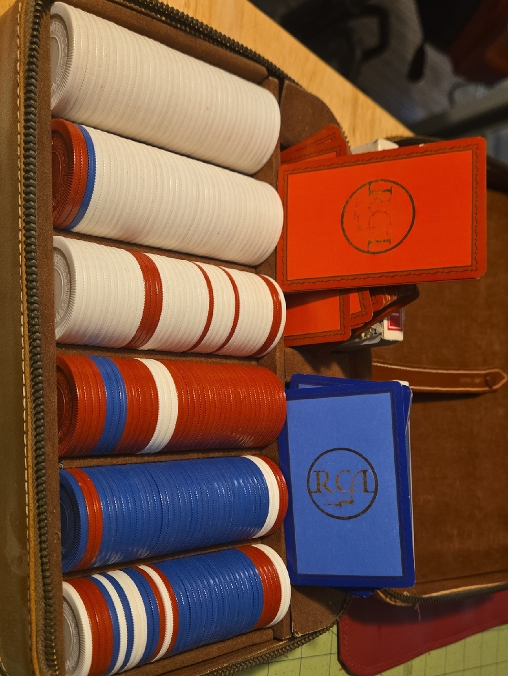 1954 RCA Poker Chip and Card Set in Red, White & Blue In Leather Case